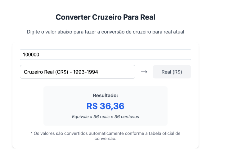 Conversão de Cruzeiro Real para Real
